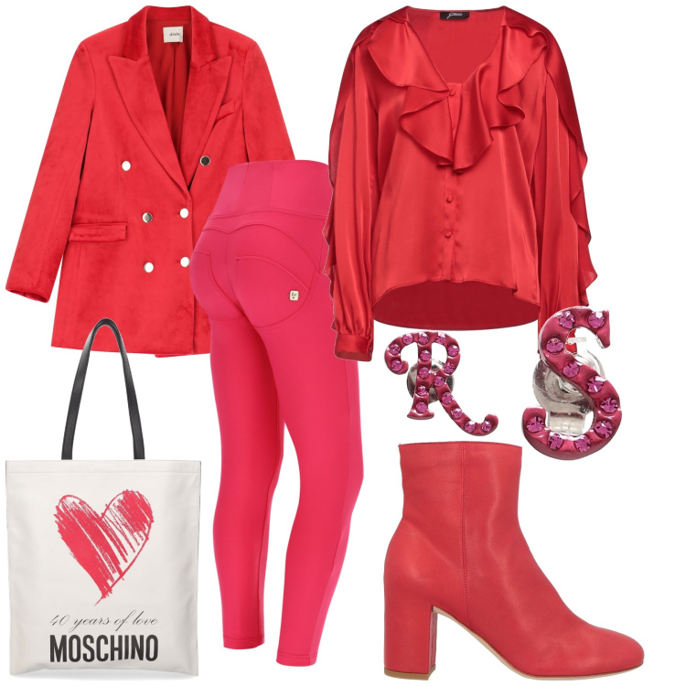 Outfit donna - Rosso cuore e amore. Stile Trendy per Tutti i giorni. Abbinamento con camicie, orecchini, stivaletti, pantaloni skinny, blazer, shopping bag.