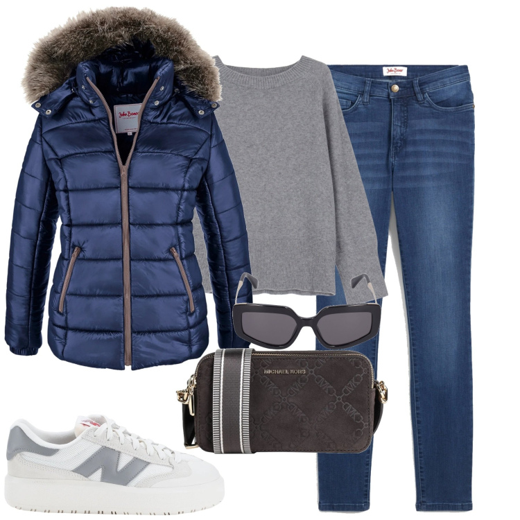 Outfit donna - Navy and grey. Stile Casual per Tutti i giorni. Abbinamento con piumini, jeans slim fit, sneakers, borse a tracolla, maglieria, occhiali da sole.