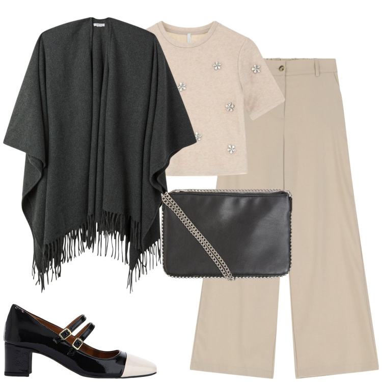 Outfit donna - City. Stile Trendy per Tutti i giorni. Abbinamento con borse a tracolla, cappe, maglieria, décolleté, pantaloni a palazzo.