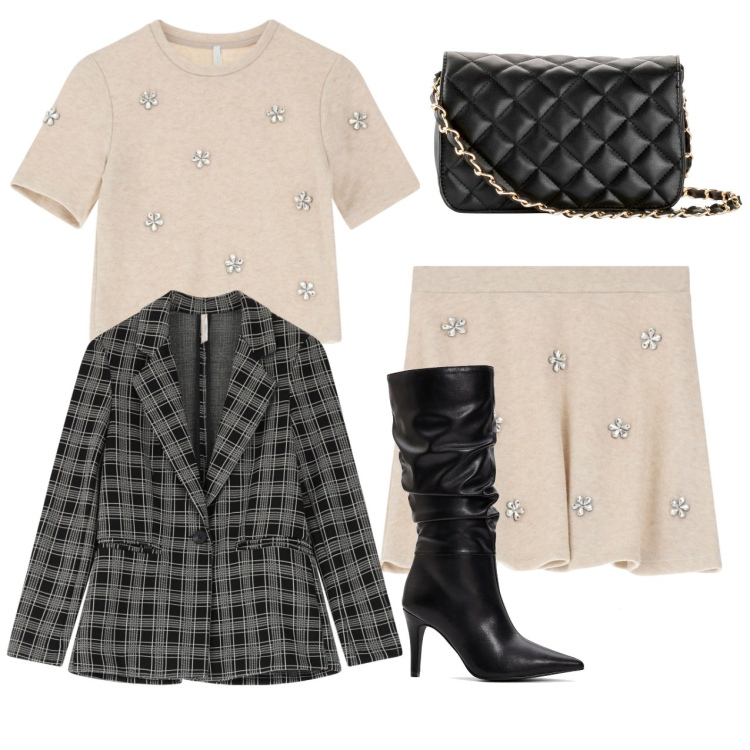 Outfit donna - Le borchie a fiorellini. Stile Bon Ton per Serata fuori. Abbinamento con borse a tracolla, stivali, minigonne, maglieria, blazer.