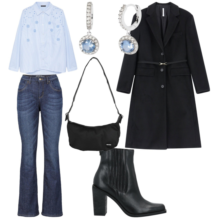 Outfit donna - Un caldo cappotto nero. per Tutti i giorni. Abbinamento con jeans bootcut, borse a tracolla, stivaletti texani, orecchini, cappotti, camicie.
