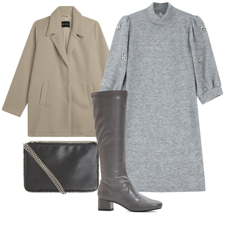 Outfit donna - Grigio chic. Stile Chic per Tutti i giorni. Abbinamento con stivali, borse a tracolla, vestiti corti, cappotti.