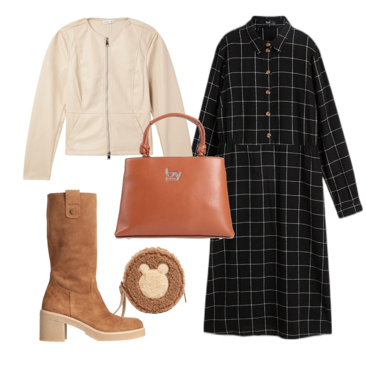Outfit donna - Il vestito comodo. Stile Bon Ton per Tutti i giorni. Abbinamento con vestiti midi/longuette, stivali, borse a mano, blazer, portafogli.