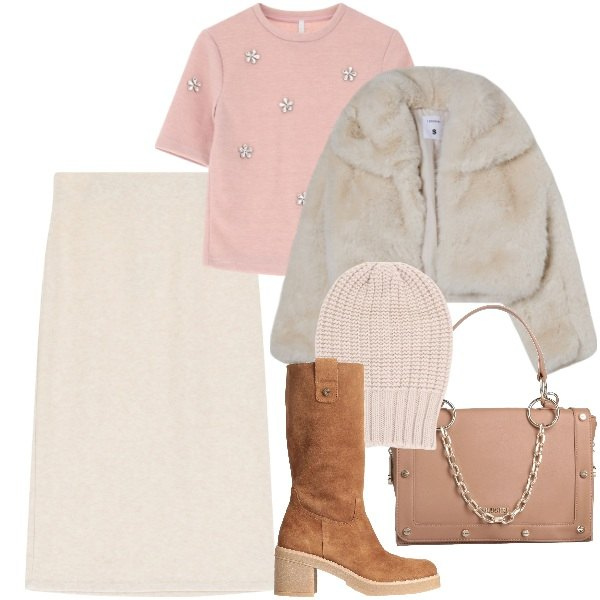 Outfit donna - Un giro in centro. Stile Trendy per Tutti i giorni. Abbinamento con stivali, borse a mano, blazer, berretti, maglieria, gonne longuette.