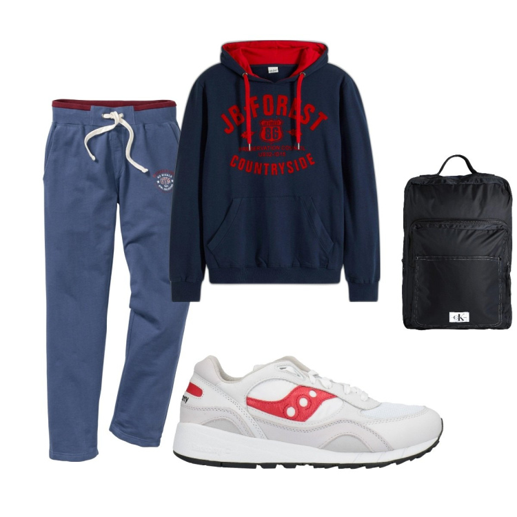 Outfit uomo - Total look #2042701. Stile Casual per Tutti i giorni. Abbinamento con felpe con cappuccio, pantaloni, borse sportive, sneakers.
