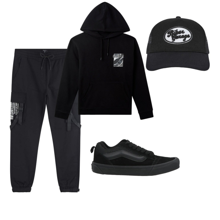 Outfit uomo - Total look #2042704. Stile Casual per Sport. Abbinamento con sneakers, cappelli, pantaloni cargo, felpe con cappuccio.