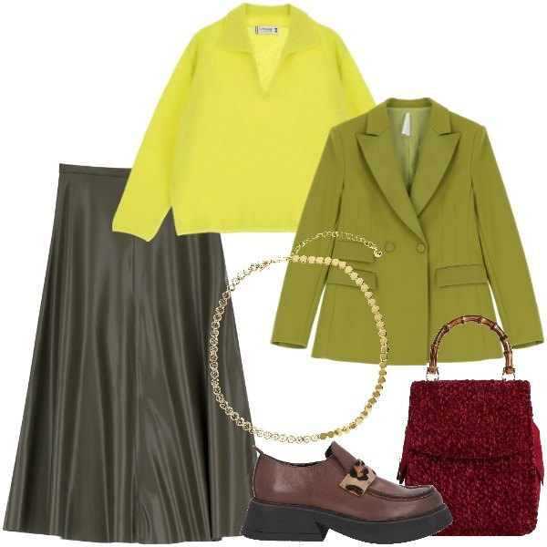Outfit donna - Un giro di verde. Stile Trendy per Ufficio. Abbinamento con mocassini, borse a mano, collane, blazer, gonne, pullovers.