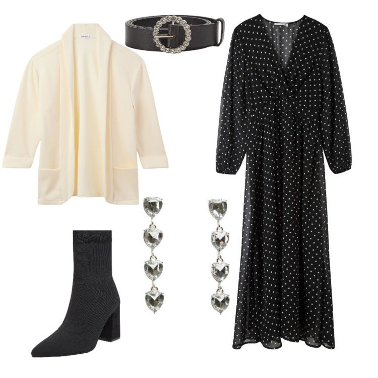 Outfit donna - Romantica e comoda. Stile Chic per Ufficio. Abbinamento con vestiti lunghi, orecchini, cinture, stivaletti, blazer.
