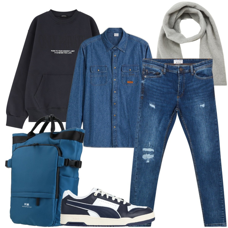 Outfit uomo - Non solo jeans. Stile Casual per Tutti i giorni. Abbinamento con camicie, borse sportive, sneakers, sciarpe e foulard, jeans strappati, felpe.