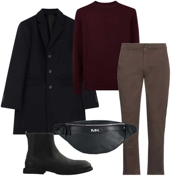 Outfit uomo - Il marsupio in ufficio. Stile Business/Elegante per Ufficio. Abbinamento con stivali e stivaletti, pantaloni, borse sportive, cappotti, maglieria.
