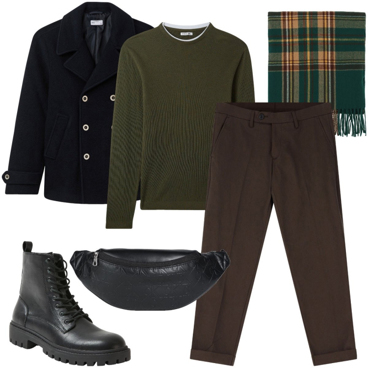 Outfit uomo - Il cappottino corto. Stile Business/Elegante per Ufficio. Abbinamento con borse sportive, cappotti, anfibi, maglieria, sciarpe, pantaloni chino.