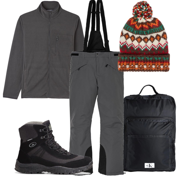 Outfit uomo - A sciare. Stile Casual per Sport. Abbinamento con stivali e stivaletti, pantaloni, borse sportive, felpe, berretti.