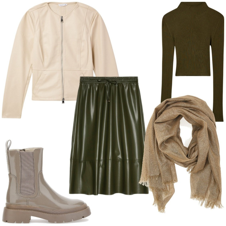 Outfit donna - Verde militare e beige. Stile Chic per Tutti i giorni. Abbinamento con blazer, maglieria, anfibi, gonne longuette, foulard.
