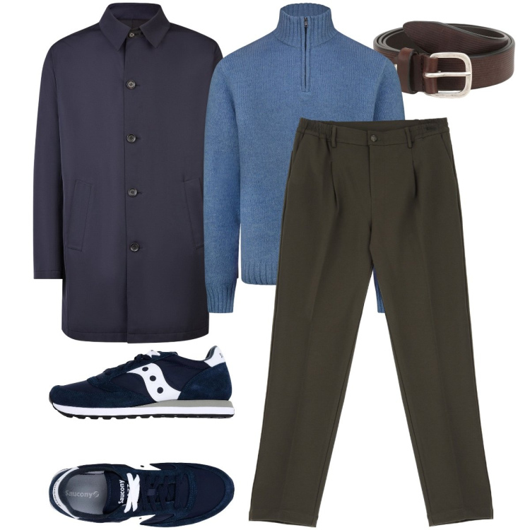 Outfit uomo - Con le Saucony blu. Stile Urban per Ufficio. Abbinamento con sneakers, pantaloni, cinture, maglieria, giacche.