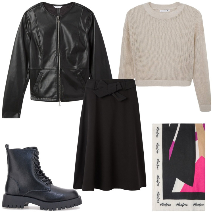 Outfit donna - Anfibi in ufficio. Stile Casual chic per Tutti i giorni. Abbinamento con blazer, maglieria, gonne lunghe, anfibi, sciarpe.