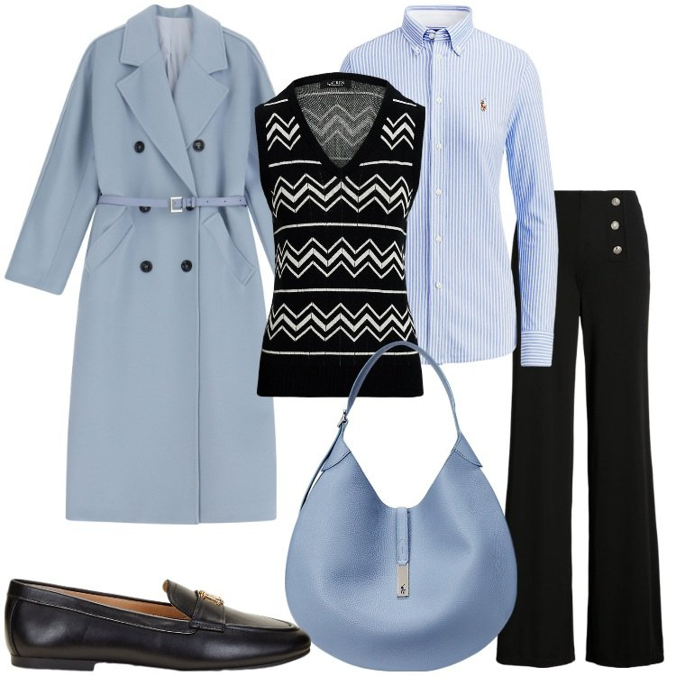 Outfit donna - Urban Escape. Stile Bon Ton per Ufficio. Abbinamento con cappotti, camicie, mocassini, pantaloni, maglieria, borse a spalla.