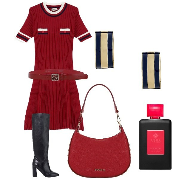 Outfit donna - L\'abito corto a costine. Stile Trendy per Tutti i giorni. Abbinamento con profumi, borse a spalla, cinture, stivali, vestiti corti, orecchini.