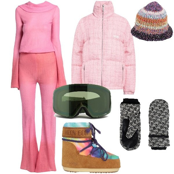Outfit donna - Gennaio in montagna. Stile Sporty chic per Sport. Abbinamento con guanti, cappelli, stivaletti, tute, piumini, occhiali da sole.