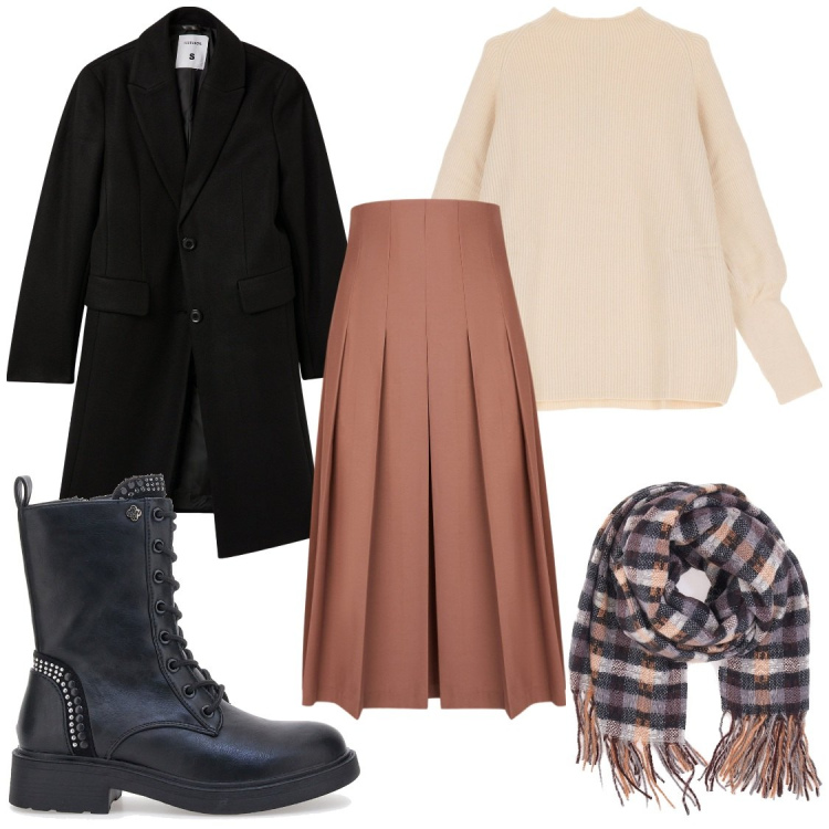 Outfit donna - Pratica con la gonna. Stile Casual chic per Tutti i giorni. Abbinamento con cappotti, maglieria, anfibi, sciarpe, gonne longuette.