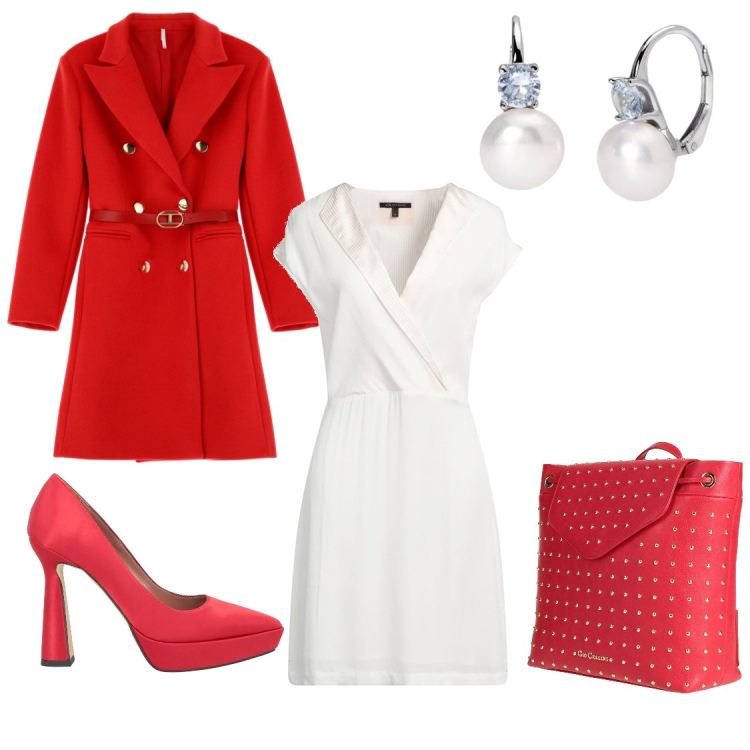 Outfit donna - White & red. Stile Romantica per Serata fuori. Abbinamento con zaini, décolleté, vestiti corti, orecchini, cappotti.