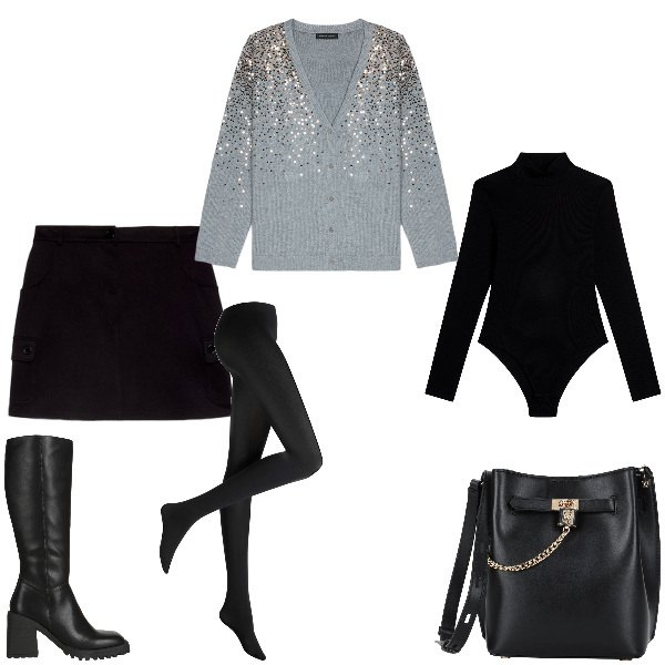 Outfit donna - Il cardigan di effetto. Stile Chic per Ufficio. Abbinamento con collant, borse a tracolla, stivali, body, minigonne, cardigans.