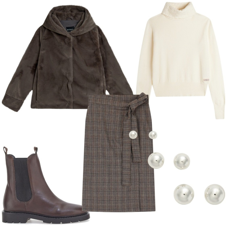 Outfit donna - Gonna a quadri. Stile Casual chic per Ufficio. Abbinamento con blazer, maglieria, gonne longuette, orecchini, stivaletti chelsea.