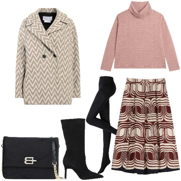 Outfit donna - Doppia fantasia. Stile Chic per Ufficio. Abbinamento con collant, stivali, cappotti, borse a tracolla, maglieria, gonne.