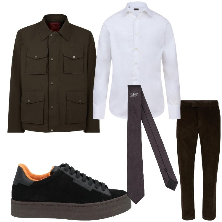 Outfit uomo - Eleganza casual. Stile Casual per Ufficio. Abbinamento con sneakers, cravatte, pantaloni, camicie, giacche.