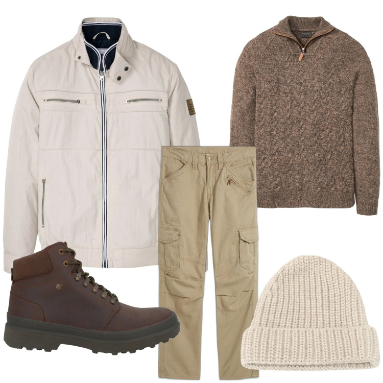 Outfit uomo - Gennaio in montagna. Stile Trendy per Tutti i giorni. Abbinamento con giacche, maglieria, pantaloni cargo, stivali e stivaletti, berretti.