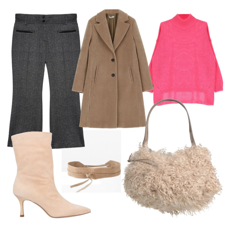Outfit donna - Total look #2042793. Stile Trendy per Ufficio. Abbinamento con cinture, borse a secchiello, stivaletti, cappotti, maglieria, pantaloni.