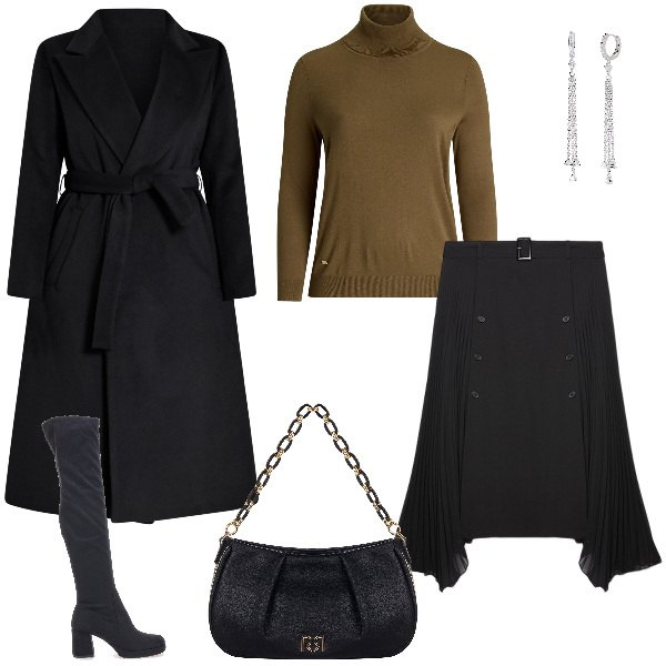 Outfit donna - Total look #2042794. Stile Casual chic per Ufficio. Abbinamento con orecchini, cappotti, borse a tracolla, maglieria, stivali, gonne longuette.