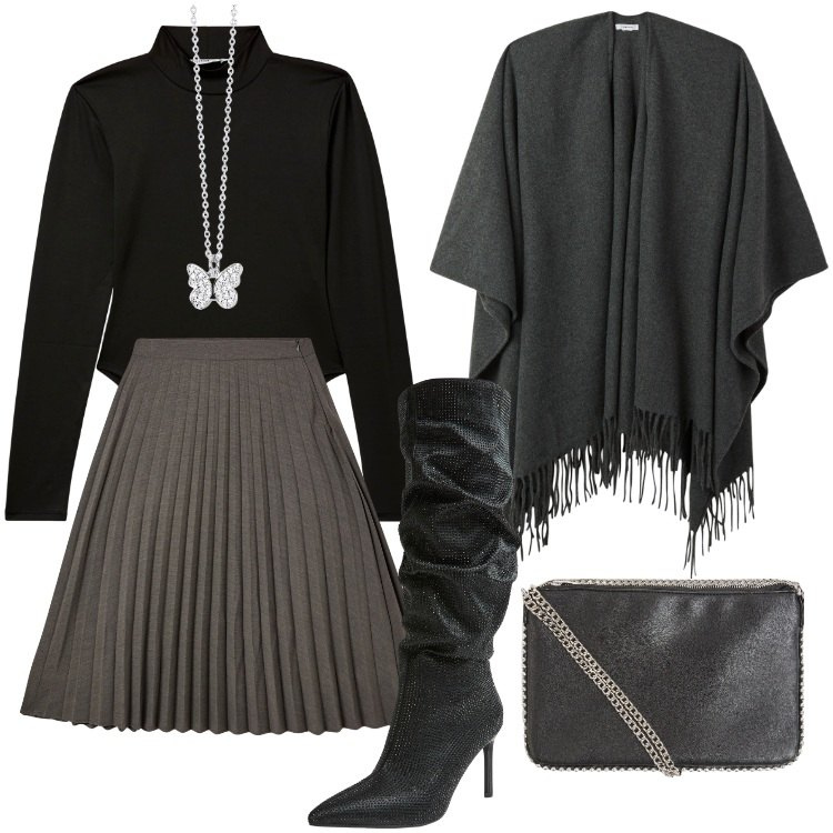 Outfit donna - Terranova speciale saldi invernali. Stile Chic per Serata fuori. Abbinamento con borse a tracolla, gonne lunghe, cappe, body, stivali, collane.