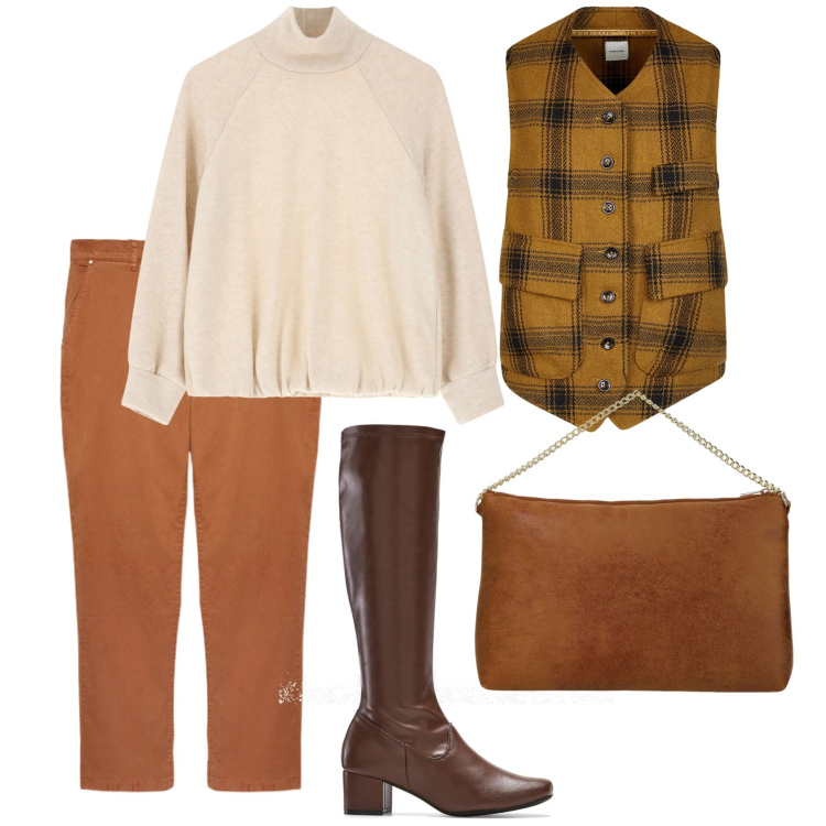Outfit donna - Colori ocra. Stile Casual chic per Tutti i giorni. Abbinamento con stivali, maglieria, pochette, gilet, pantaloni.