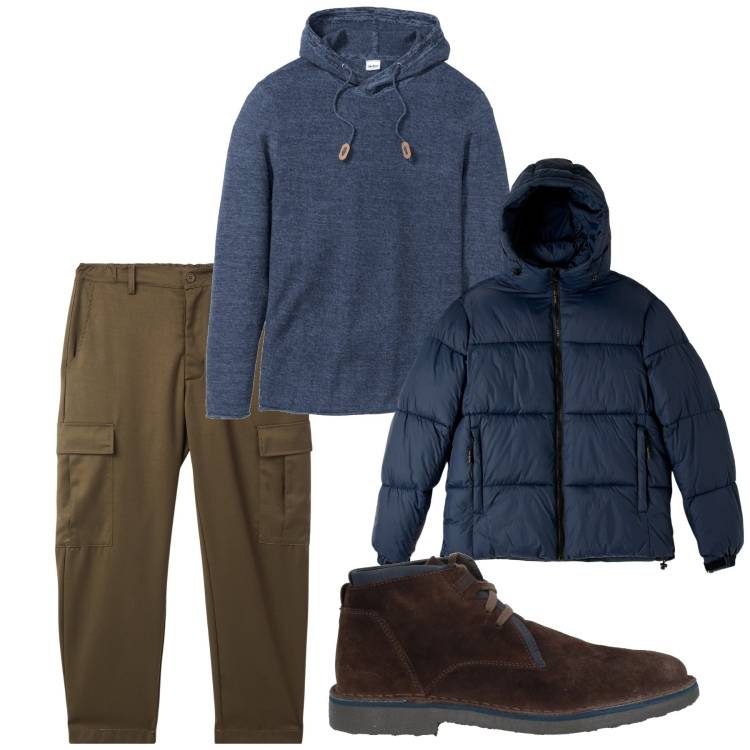 Outfit uomo - Total look. Stile Casual per Tutti i giorni. Abbinamento con maglieria, stivali e stivaletti, piumini, pantaloni cargo.