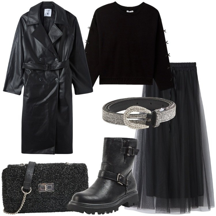 Outfit donna - Terranova - Speciale SALDI INVERNALI. Stile Rock per Serata fuori. Abbinamento con felpe, borse a tracolla, stivaletti, gonne lunghe, trench, cinture.