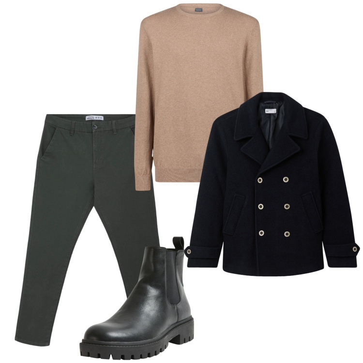 Outfit uomo - Total look. Stile Casual per Tutti i giorni. Abbinamento con pantaloni chino, stivali e stivaletti, cappotti, maglieria.