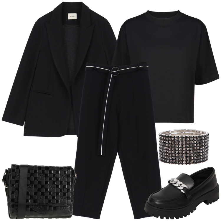 Outfit donna - total black. Stile Casual chic per Tutti i giorni. Abbinamento con borse a tracolla, mocassini, pantaloni, blazer, braccialetti, t-shirt.