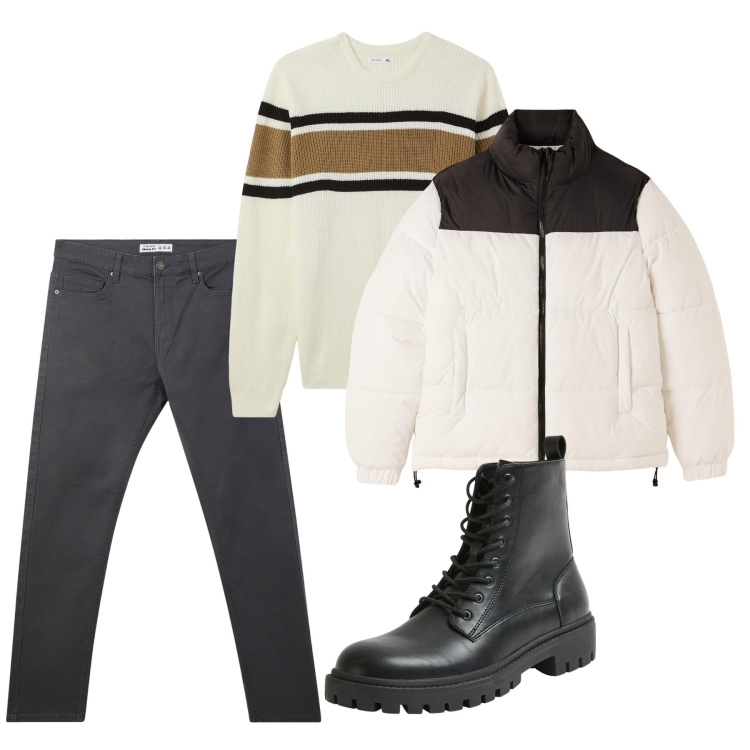 Outfit uomo - Total look. Stile Casual per Tutti i giorni. Abbinamento con pantaloni skinny, maglieria, piumini, anfibi.