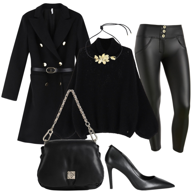 Outfit donna - Total black. Stile Chic per Serata fuori. Abbinamento con borse a mano, décolleté, maglieria, cappotti, pantaloni skinny, collane.