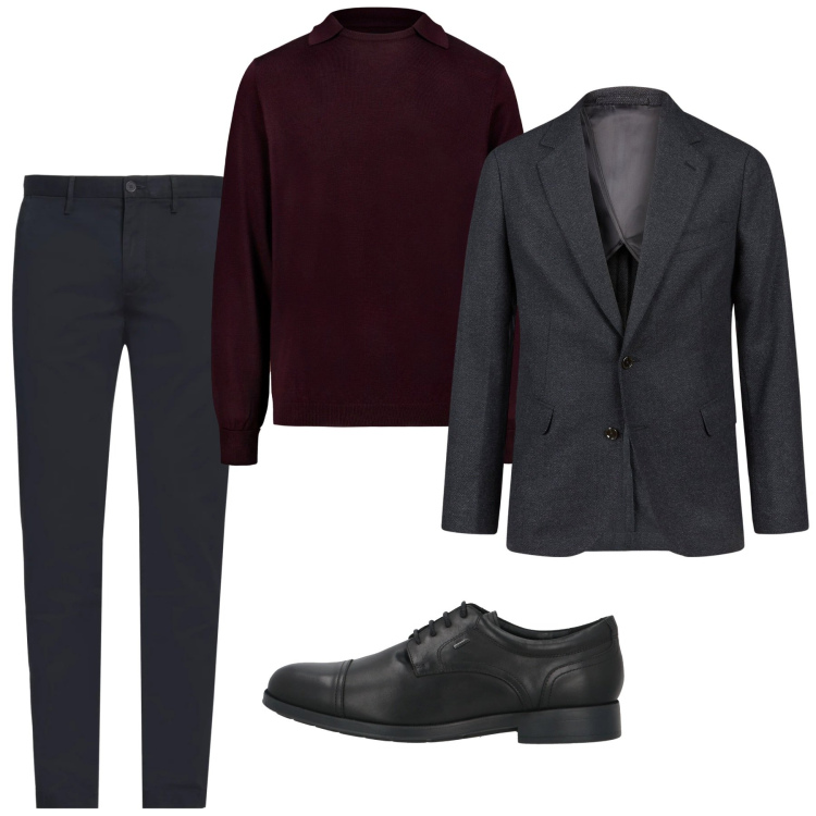 Outfit uomo - Total look. Stile Trendy per Tutti i giorni. Abbinamento con pantaloni chino, scarpe stringate, giacche, maglieria.