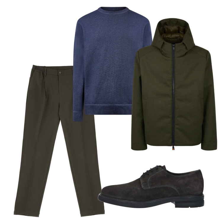 Outfit uomo - Oliva e blu. Stile Casual per Tutti i giorni. Abbinamento con scarpe stringate, pantaloni, maglieria, giacche.