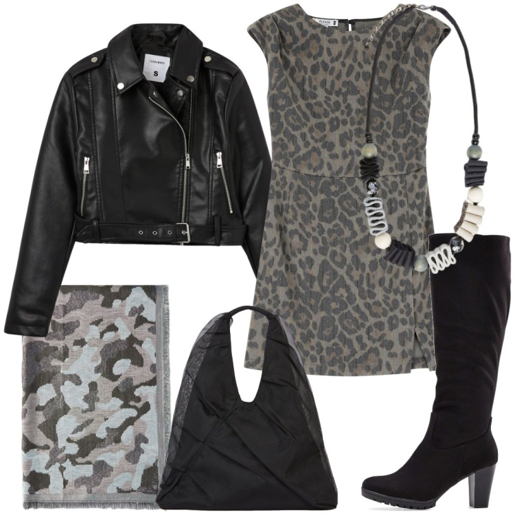 Outfit donna - Sera fuori. Stile Rock per Serata fuori. Abbinamento con stivali, giacche, vestiti corti, shopping bag, collane, sciarpe.