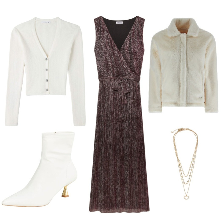 Outfit donna - Leggera e dolce. Stile Romantica per Serata fuori. Abbinamento con stivaletti, cardigans, collane, cappotti, vestiti lunghi.