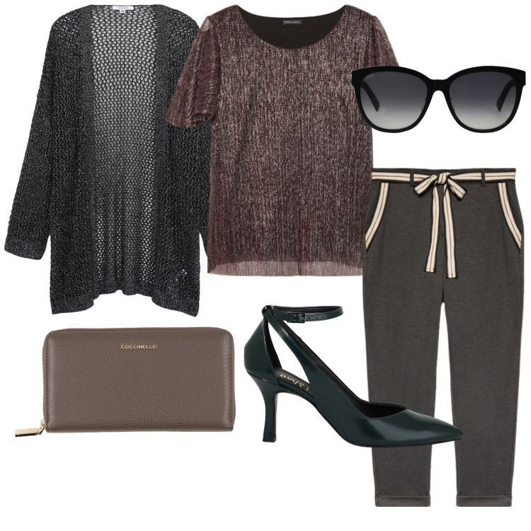 Outfit donna - Casual chic In verde scuro. Stile Casual chic per Tutti i giorni. Abbinamento con portafogli, occhiali da sole, kimono, décolleté, pantaloni chino, t-shirt.