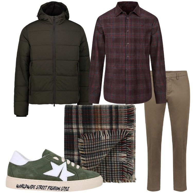Outfit uomo - Il piumino testa di moro. Stile Casual per Tutti i giorni. Abbinamento con sneakers, sciarpe, piumini, pantaloni chino, camicie.