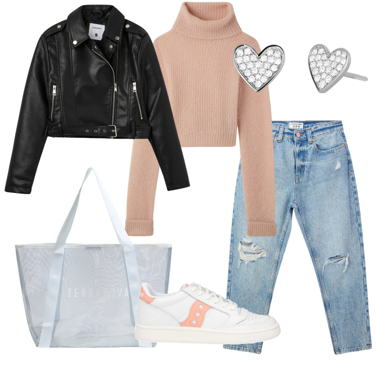 Outfit donna - Total look #2042859. Stile Casual per Tutti i giorni. Abbinamento con sneakers, jeans mom, maglieria, shopping bag, giacche, orecchini.