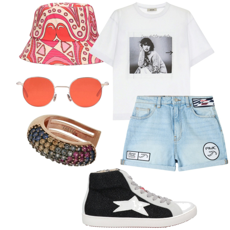 Outfit donna - Shorts. Stile Urban per Tutti i giorni. Abbinamento con occhiali da sole, sneakers alte, shorts, t-shirt, cappelli, orecchini.