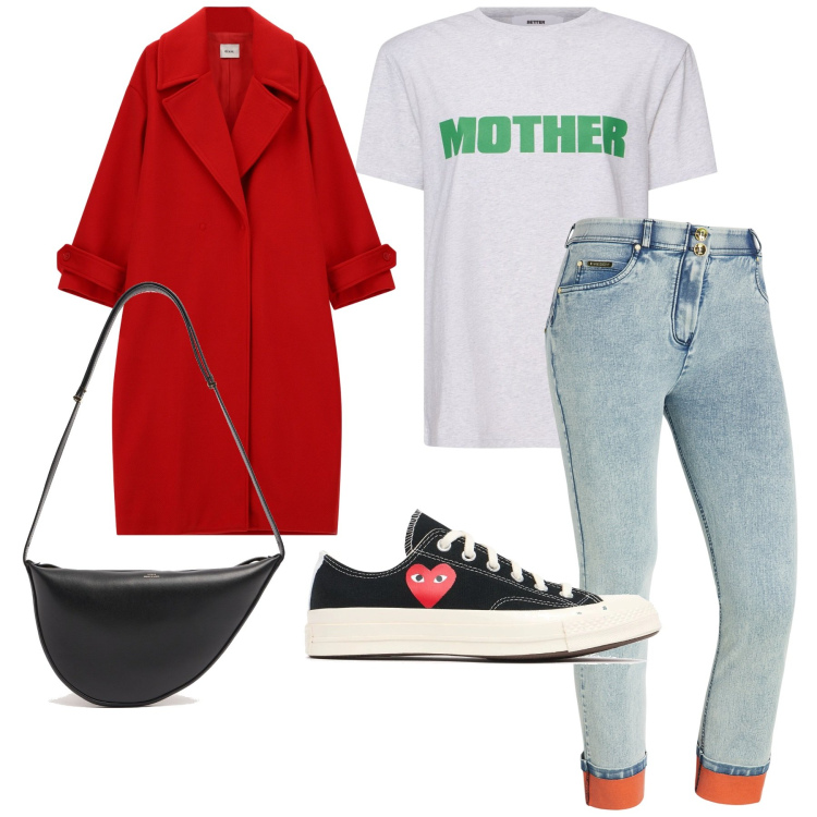 Outfit donna - Mother. Stile Urban per Tutti i giorni. Abbinamento con jeans dritti, cappotti, sneakers, borse a spalla, t-shirt.