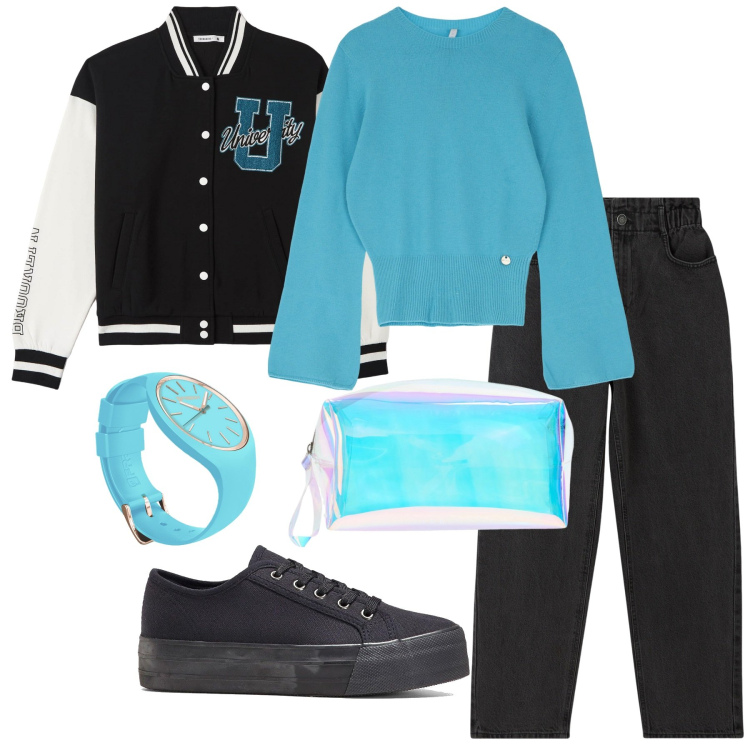 Outfit donna - Azzurro cielo. Stile Preppy per Tutti i giorni. Abbinamento con sneakers, bomber, valigie, jeans, pullovers, orologi.
