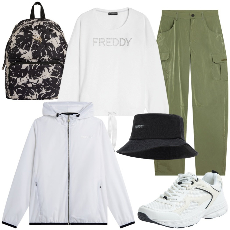 Outfit donna - Saldi Freddy. Stile Sporty chic per Tutti i giorni. Abbinamento con sneakers, pantaloni cargo, zaini, blazer, felpe, cappelli.